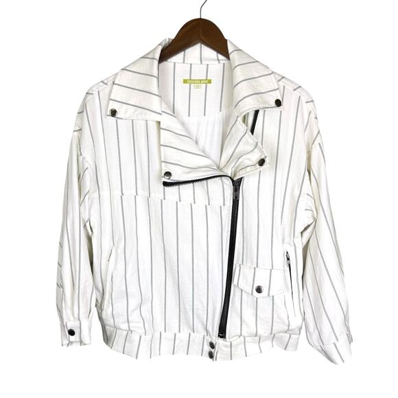 Gianni Bini Monte White Pin Stripe Asymmetrical Zip Relaxed Fit Moto Jacket - Picture 12 of 16